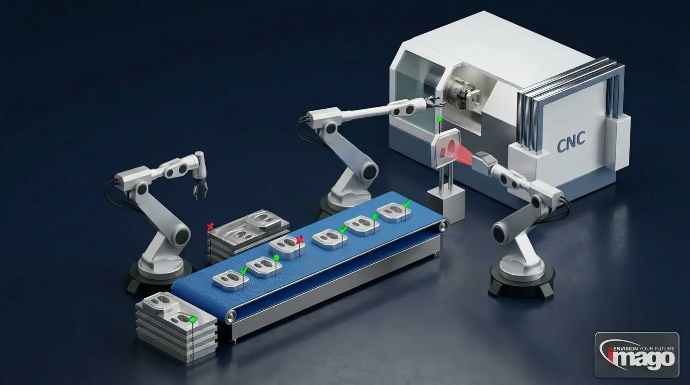Render Magpie con robot, CNC e conveyor per controllo qualità automatico post-lavorazione